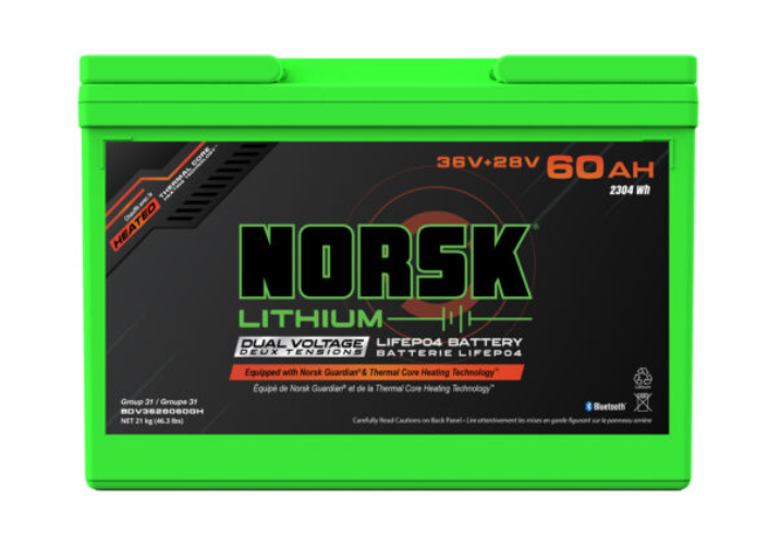 Norsk, 36V + 28V 60AH DUAL VOLTAGE HEATED LiFePO4 Lithium Battery – Norsk Lithium